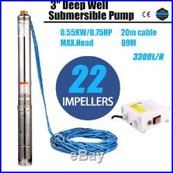 220-240v Submersible Pump, 3 Deep Well, 3/4hp, Max-292ft 15GPM, 22 Impellers UK