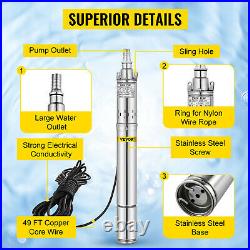 750W Borehole Deep Well Submersible Water Pump 8.8GPM Max Head 574FT 49FT Cable