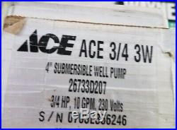ACE 4 Submersible Deep Well Pump 3/4hp, 10gpm, 230v, 3 wire, new in box