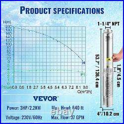 Deep Well Submersible Pump, 3HP/2200W 230V/60Hz, 37GPM Flow 640 Ft Head, with 33