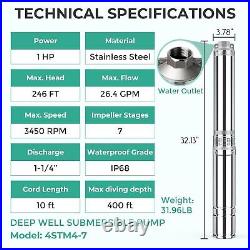 PUMPMAN 1 HP Deep Well Submersible Pump, 3450 RPM, 110V/60Hz, 26.4 GPM, 246 F
