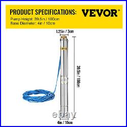 VEVOR 4 1.5HP Deep Well Pump Submersible Water Pump Borehole Pump + 40m Cable